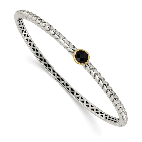 Shey Couture Sterling Silver Bracelet with 14K Accent Antiqued Checkerboard-cut Black Onyx Hinged Bangle