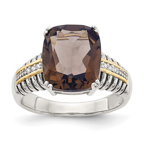 Shey Couture Sterling Silver Ring with 14K Accent Antiqued Cushion Smoky Quartz and Diamond