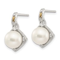 Shey Couture Sterling Silver Rhodium-plated Earrings with 14K Accent 7.5-8mm Freshwater Cultured Pearl and Diamond Dangle Post view 2