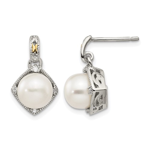 Shey Couture Sterling Silver Rhodium-plated with 14K Accent 7.5-8mm Freshwater Cultured Pearl and Diamond Dangle Post Earrings