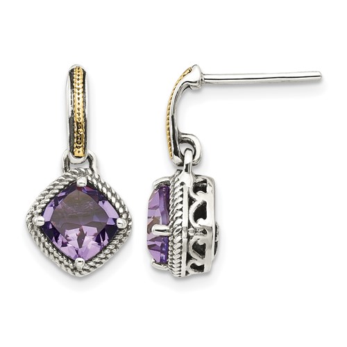 Shey Couture Sterling Silver Earrings with 14K Accent Antiqued Cushion Amethyst Post Dangle