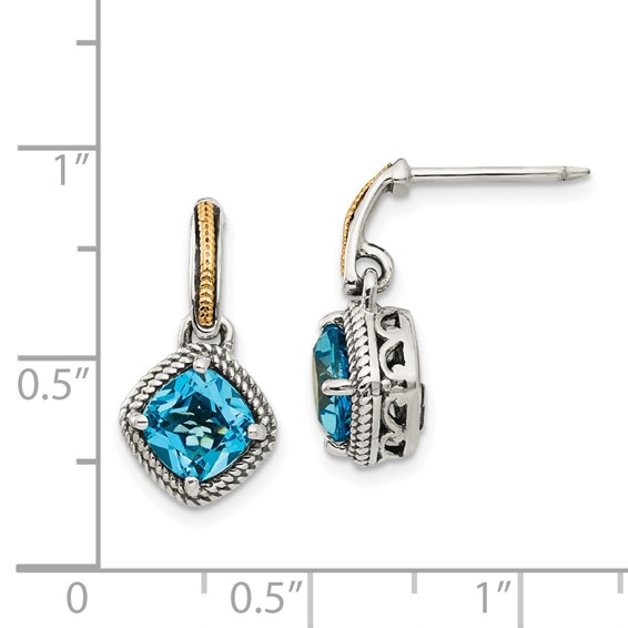 Shey Couture Sterling Silver with 14K Accent Antiqued Cushion Light Swiss Blue Topaz Post Dangle Earrings