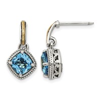 Shey Couture Sterling Silver Earrings with 14K Accent Antiqued Cushion Light Swiss Blue Topaz Post Dangle view 1