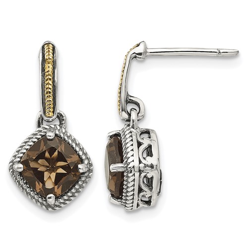 Shey Couture Sterling Silver Earrings with 14K Accent Antiqued Cushion Smoky Quartz Post Dangle