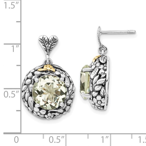 Sterling Silver w/14k Polished & Antiqued Green Quartz Post Dangle Earrings