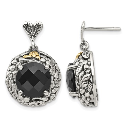 Shey Couture Sterling Silver Earrings with 14K Accent Antiqued Checkerboard-cut Black Onyx Post Dangle