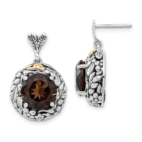 Sterling Silver Earrings with 14K Polished & Antiqued Smoky Quartz Post Dangle