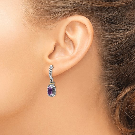 Shey Couture Sterling Silver with 14K Accent Antiqued Cushion Amethyst Post Dangle Earrings