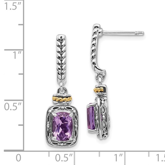 Shey Couture Sterling Silver with 14K Accent Antiqued Cushion Amethyst Post Dangle Earrings