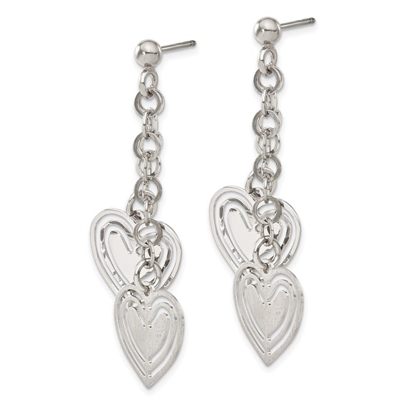 Sterling Silver Diamond-cut Double Heart Post Dangle Earrings