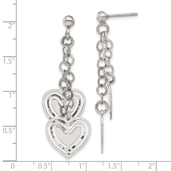 Sterling Silver Diamond-cut Double Heart Post Dangle Earrings