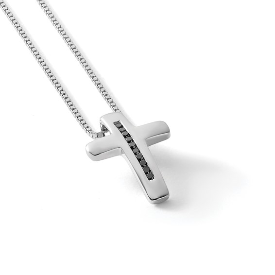 White Ice Sterling Silver Rhodium-plated 18 Inch Black Diamond Cross Necklace with 2 Inch Extender