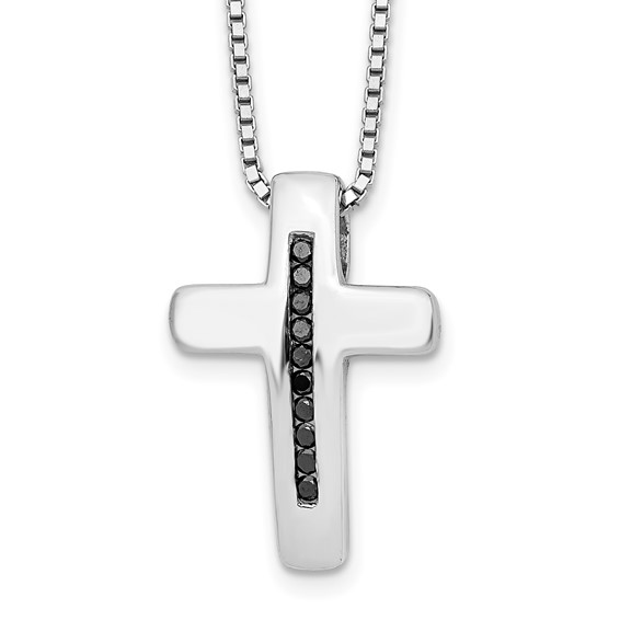 White Ice Sterling Silver Rhodium-plated 18 Inch Black Diamond Cross Necklace with 2 Inch Extender