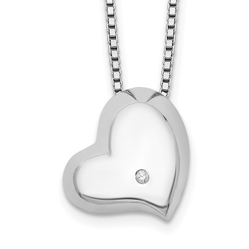 White Ice Sterling Silver Rhodium-plated Satin and Polished Diamond Heart Necklace with 2 Inch Extender, 18"