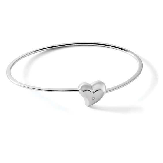 White Ice Sterling Silver Rhodium-plated Satin and Polished Diamond Heart Bangle