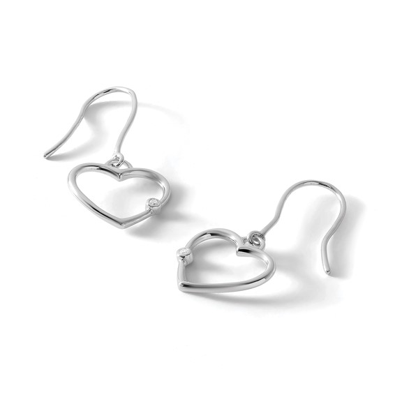 White Ice Sterling Silver Rhodium-plated Diamond Heart Shepherd Hook Dangle Earrings