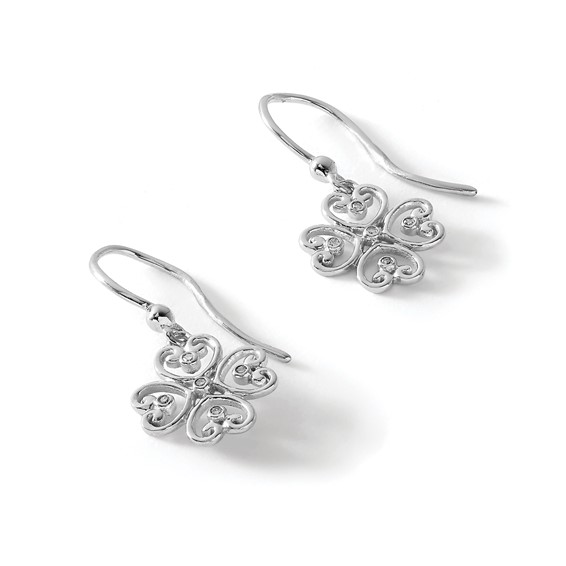 White Ice Sterling Silver Rhodium-plated Diamond 4 Heart Shepherd Hook Dangle Earrings