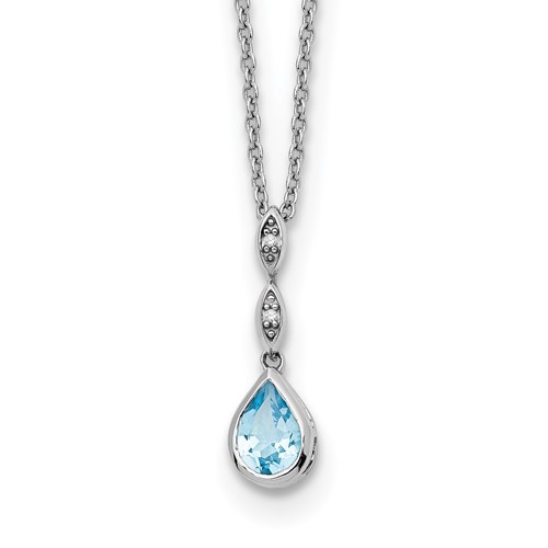 White Ice Sterling Silver Rhodium-plated Blue Topaz and Diamond Teardrop Necklace with 2 Inch Extender, 18"