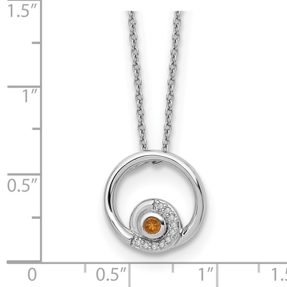 Sterling Silver RH Plated White Ice .05ct. Diamond & Citrine w/2IN Ext Neck