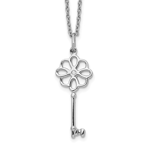 White Ice Sterling Silver Rhodium-plated Diamond Flower Key Necklace with 2 Inch Extender, 18"