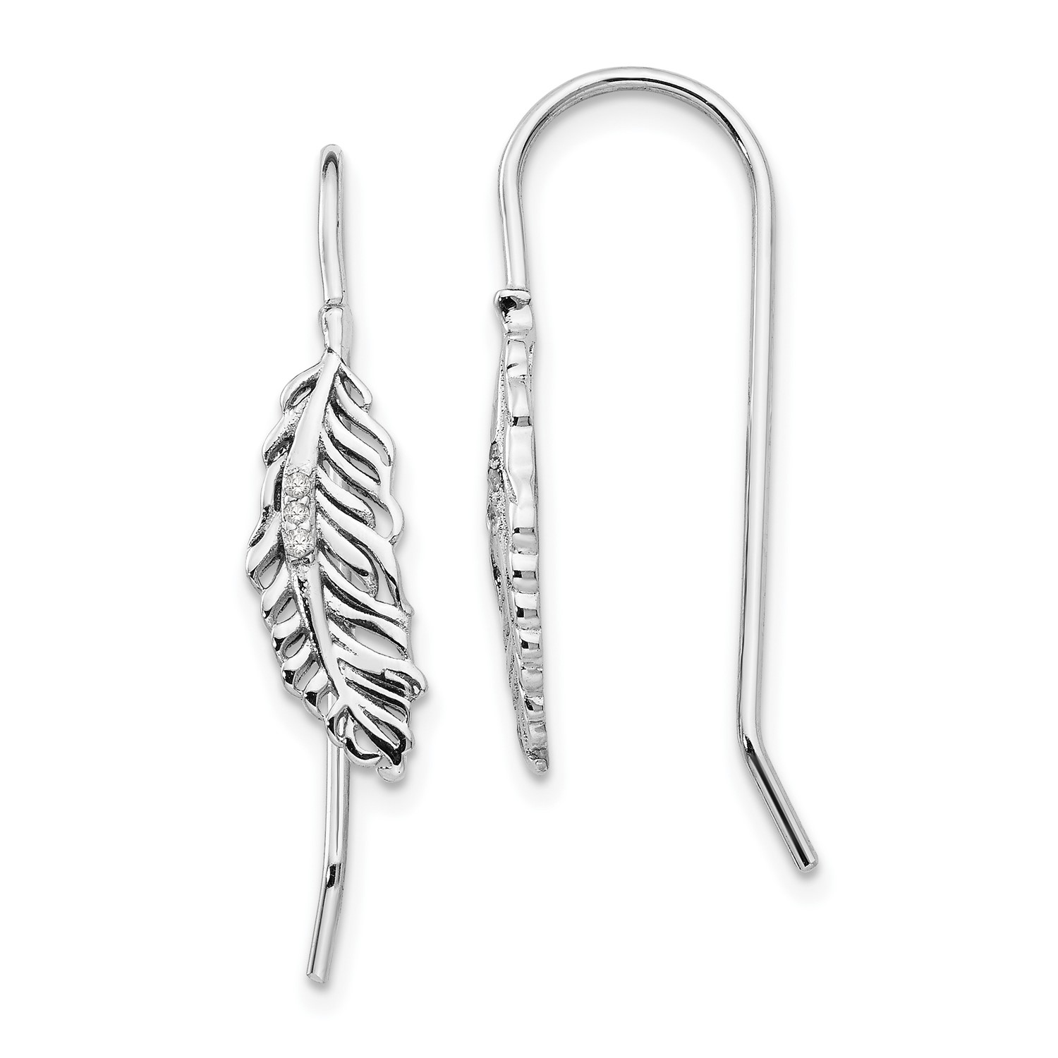 Sterling Silver Rhod Pl White Ice Diamond Feather Dangle Earrings Image Is Loading Sterling Silver Rhod Pl White Ice Diamond Feather