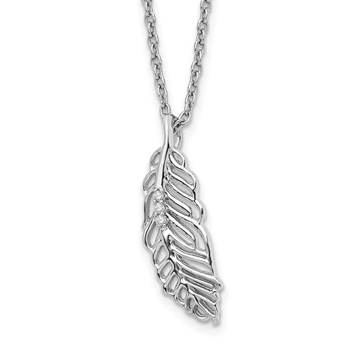 White Ice Sterling Silver Rhodium-plated Diamond Feather Necklace with 2 Inch Extender, 18"