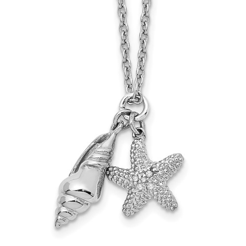 White Ice Sterling Silver Rhodium-plated Diamond Shell and Starfish Necklace with 2 Inch Extender, 18"