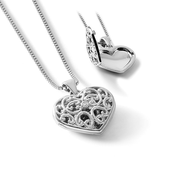 White Ice Sterling Silver Rhodium-plated 18 Inch Diamond Filigree Heart Locket Necklace with 2 Inch Extender