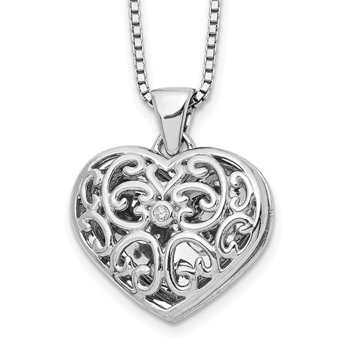 White Ice Sterling Silver Rhodium-plated Diamond Filigree Heart Locket Necklace with 2 Inch Extender, 18"