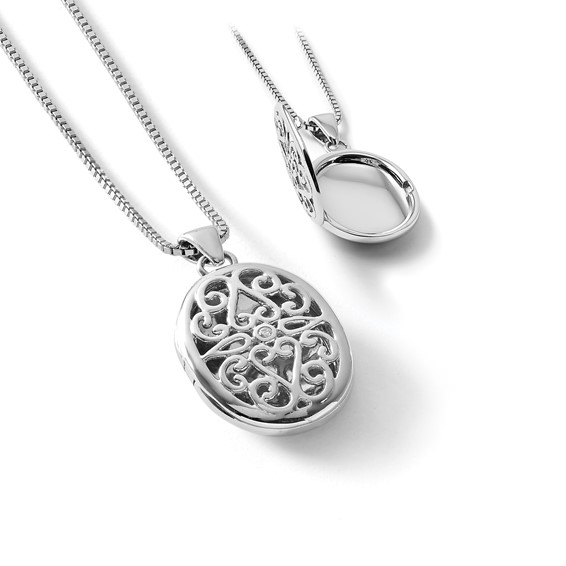 White Ice Sterling Silver Rhodium-plated 18 Inch Diamond Filigree Oval Locket Necklace with 2 Inch Extender