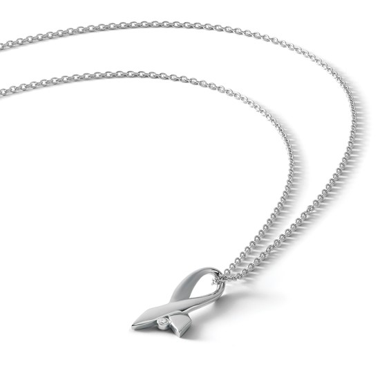 White Ice Sterling Silver Rhodium-plated 18 Inch Diamond Awareness Ribbon Necklace with 2 Inch Extender