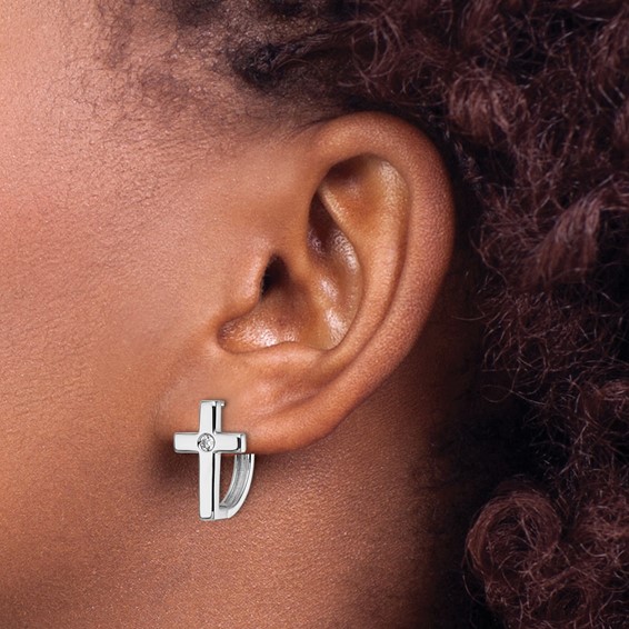 White Ice Sterling Silver Rhodium-plated Hinged Diamond Cross Hoop Earrings
