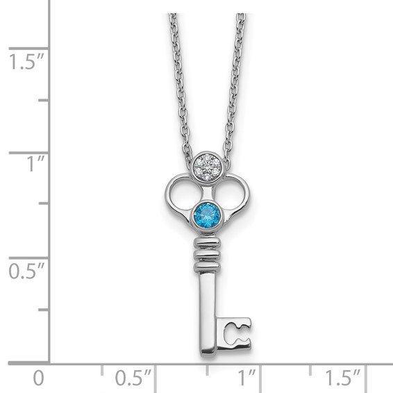 White Ice Sterling Silver Rhodium-plated Key with Blue Topaz and Diamond 18in Necklace with 2in extender
