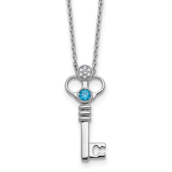White Ice Sterling Silver Rhodium-plated Key with Blue Topaz and Diamond 18in Necklace with 2in extender