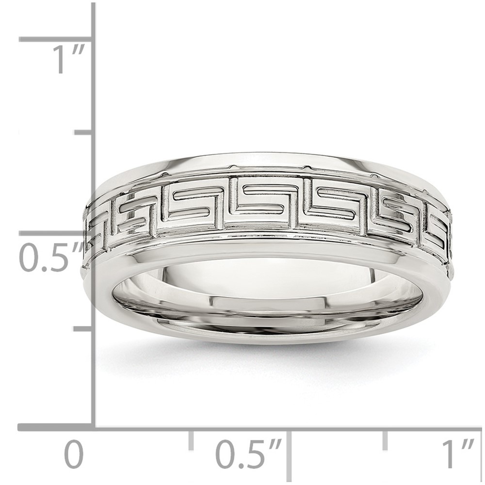 Sterling Silver 6mm Polished Flat Greek Key Design Beveled Edge Fancy Band Size 7 (QWB110-7)