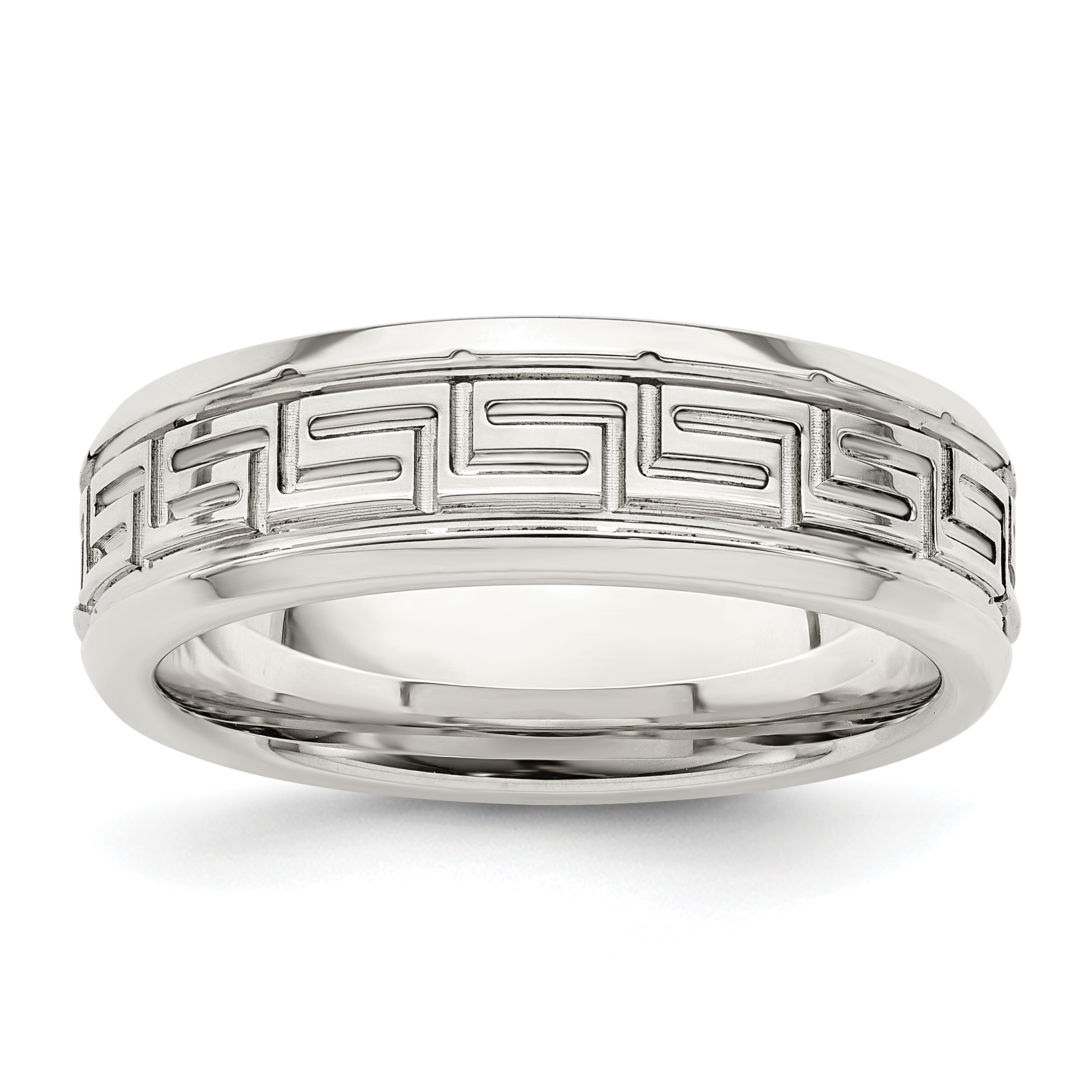 Sterling Silver 6mm Polished Flat Greek Key Design Beveled Edge Fancy Band Size 11 (QWB110-11)