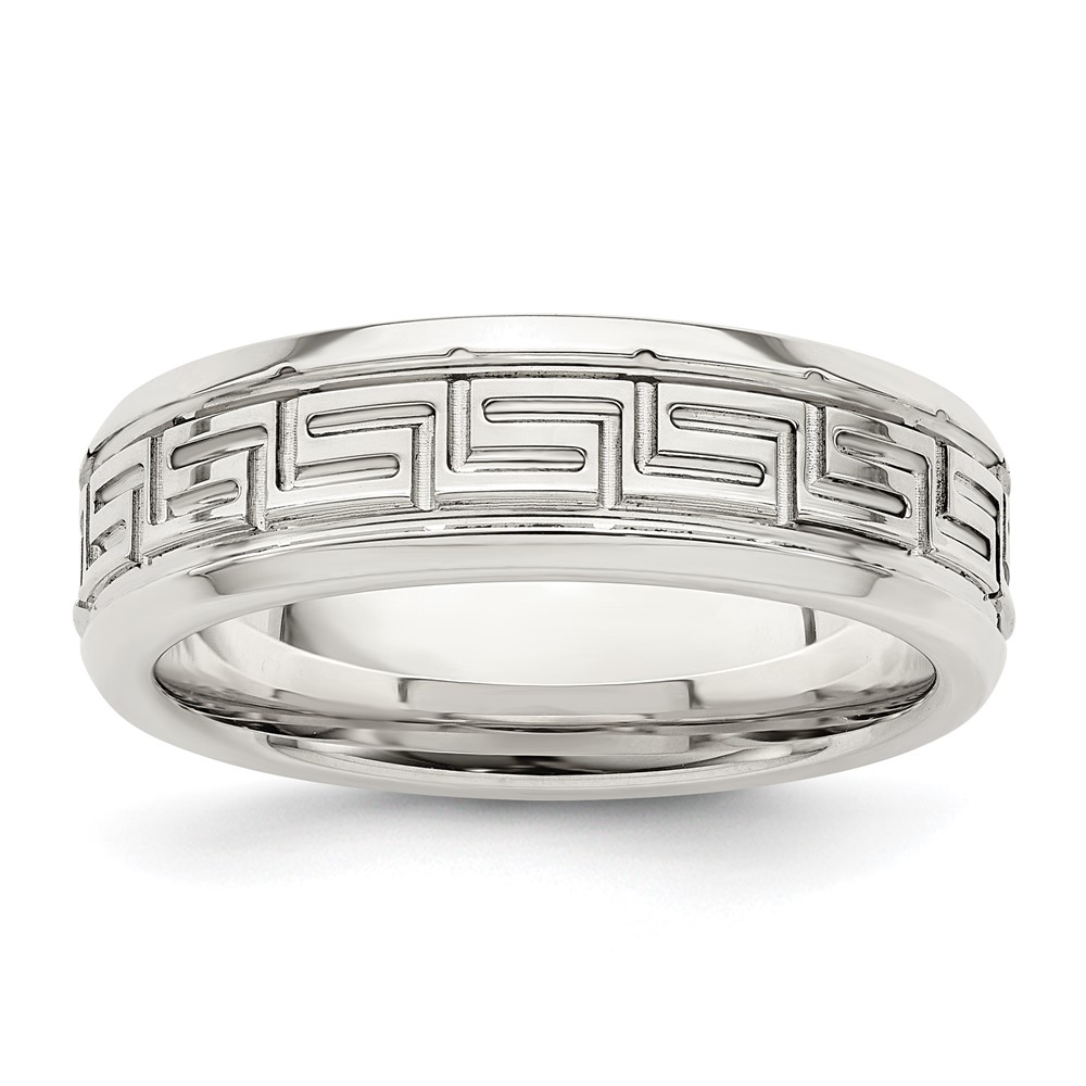 Sterling Silver 6mm Polished Flat Greek Key Design Beveled Edge Fancy Band Size 11 (QWB110-11)