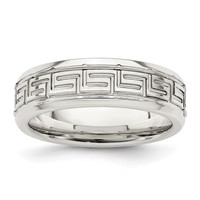 Sterling Silver 6mm Polished Flat Greek Key Design Beveled Edge Fancy Band view 1