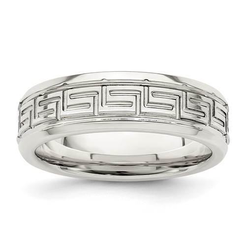 Sterling Silver 6mm Polished Flat Greek Key Design Beveled Edge Fancy Band, Size 7