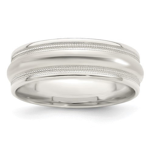 Sterling Silver 7mm Polished Domed Double Milgrain Fancy Band, Size 9.5