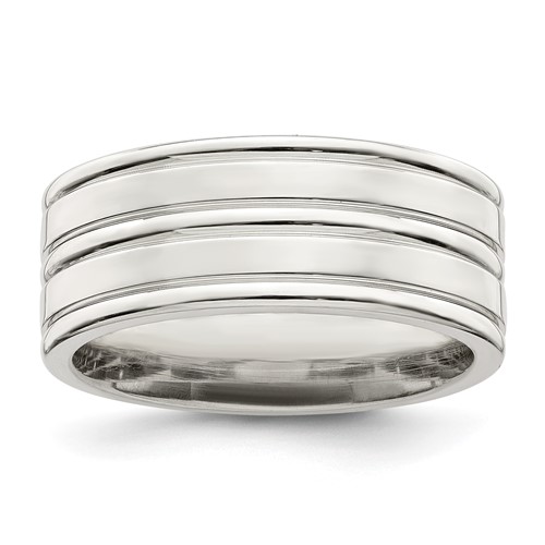 Sterling Silver 8mm Polished Flat Grooved Fancy Band, Size 8