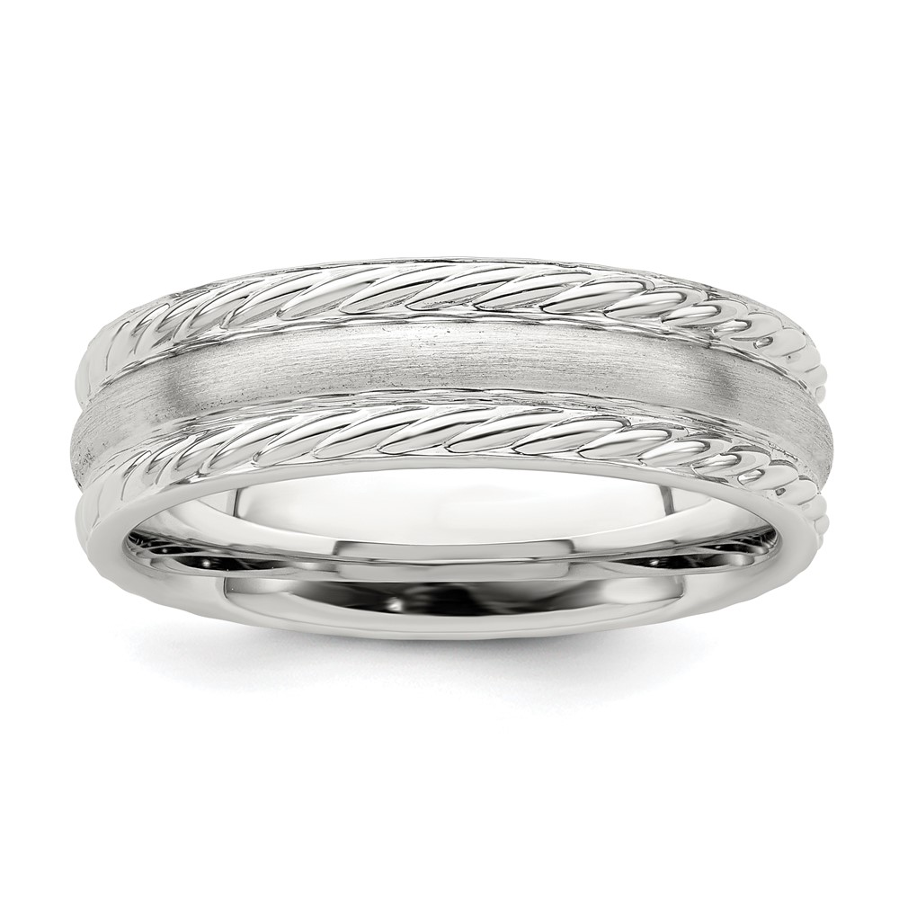 Sterling Silver 6mm Brushed Domed Rope Edge Fancy Band