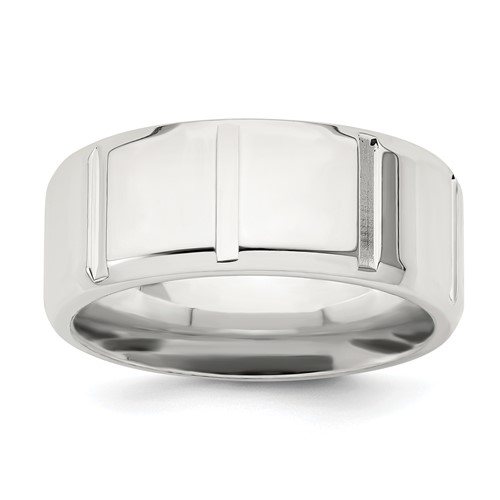 Sterling Silver 8mm Polished Flat Notched Beveled Edge Fancy Band, Size 13