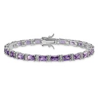Sterling Silver Rhodium-plated Emerald-shape Purple and Clear CZ Tennis Bracelet, 7.5" view 4