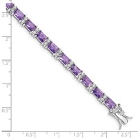 Sterling Silver Rhodium-plated Emerald-shape Purple and Clear CZ Tennis Bracelet, 7.5" view 3