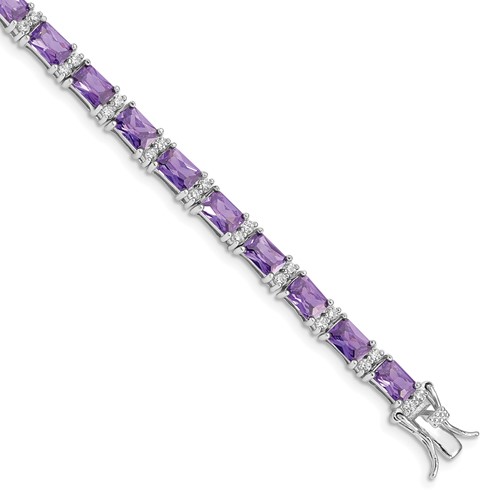 Sterling Silver Rhodium-plated Emerald-shape Purple and Clear CZ Tennis Bracelet, 7.5"