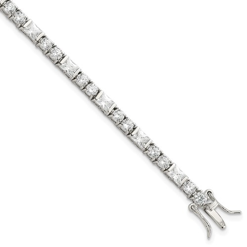 Sterling Silver Rhodium-plated Polished Round and Emerald-cut CZ Tennis Bracelet, 7"
