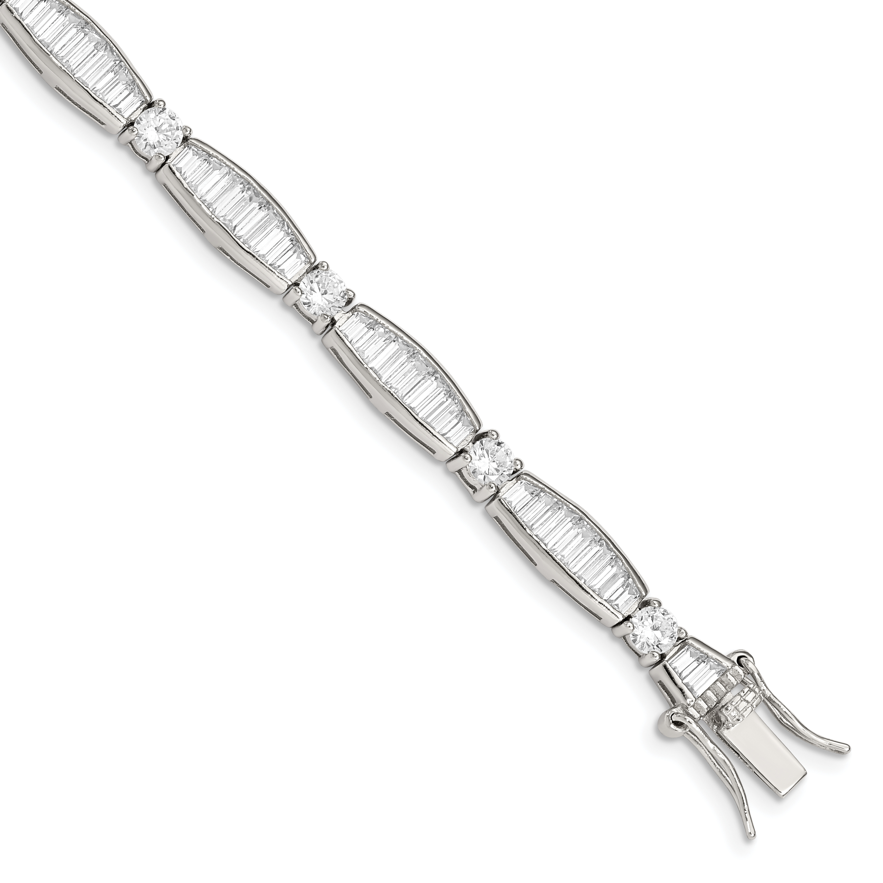 Sterling Silver Rhodium-plated Baguette and Round CZ Bracelet (QX400CZ)