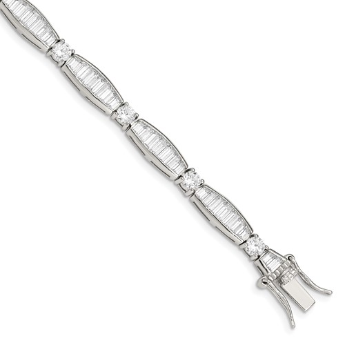 Sterling Silver Rhodium-plated Polished Baguette and Round CZ Bracelet, 7"