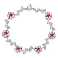 Sterling Silver Rhodium-plated Pink and Clear CZ Flower Bracelet, 7.5" view 4